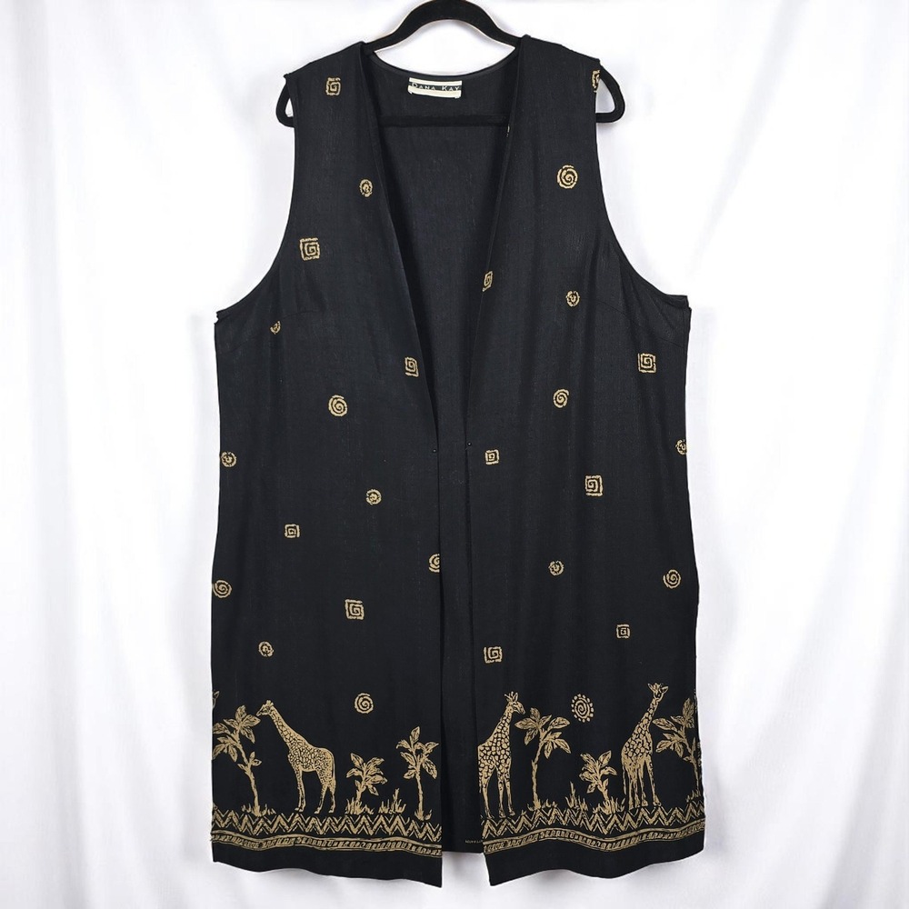 Dana Kay Giraffe Print Vest Sleeveless Duster Longline‎ Black Gold Large? Boho